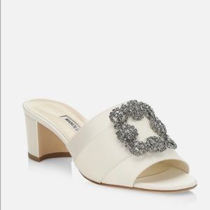 Manolo Blahnik Cream Martanew Satin Embellished Mules